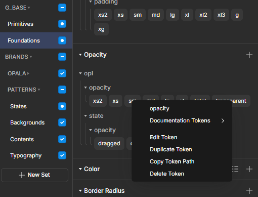 Aplicação de tokens de opacidade