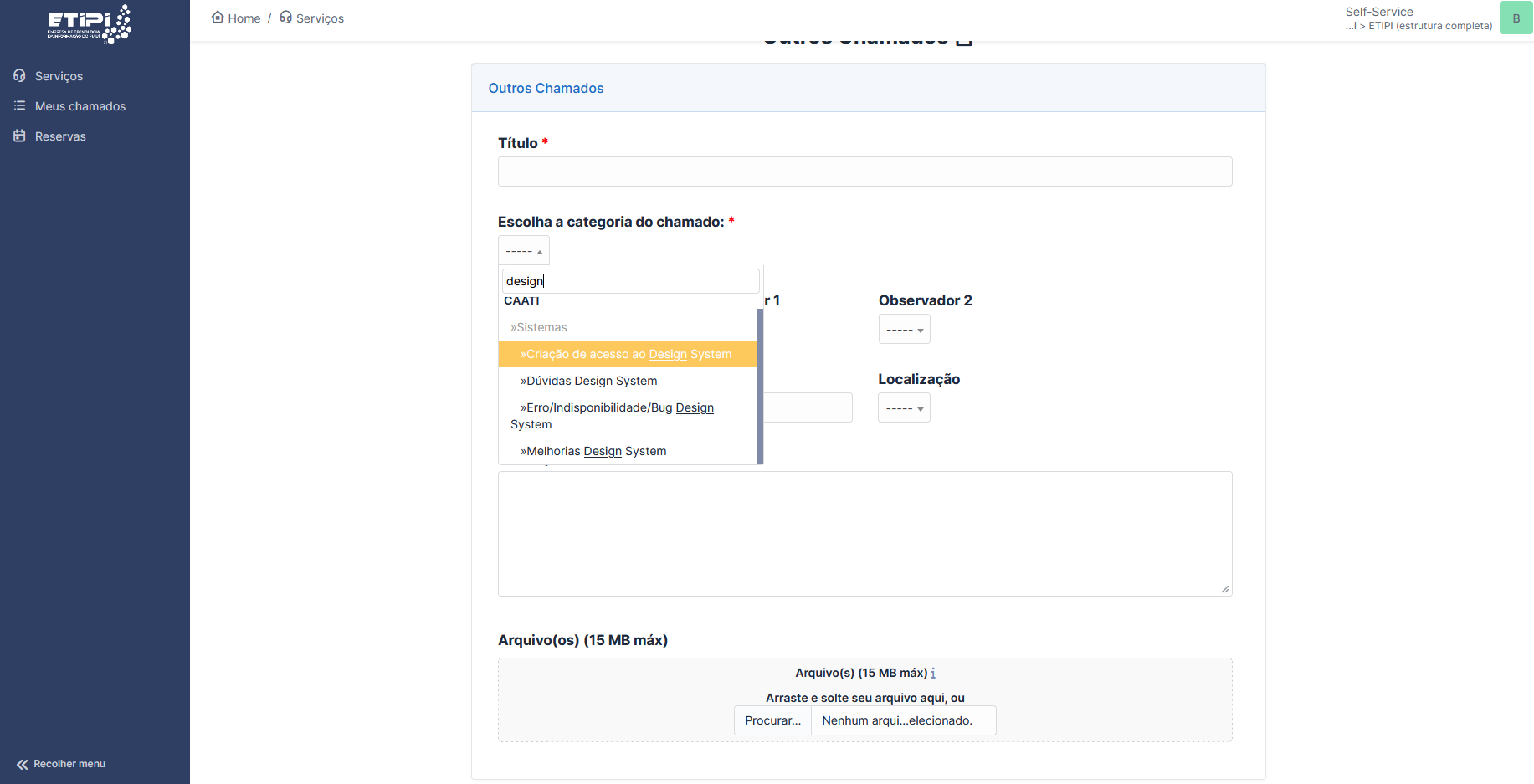 Menu de seleção de categoria
