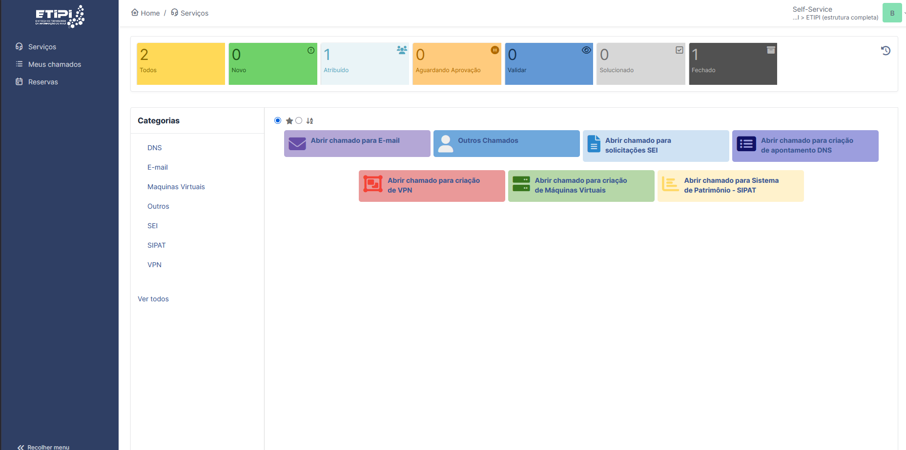 Menu para abertura de chamado no GLPI