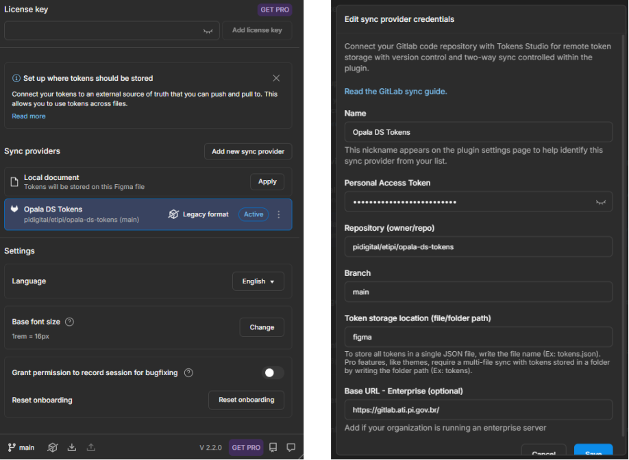 Credenciais para sincronização