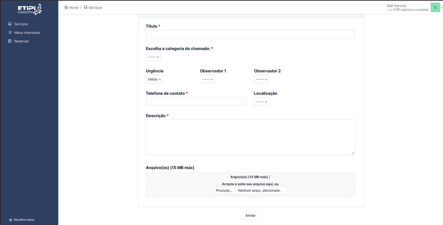 Formulário de detalhes do chamado no GLPI